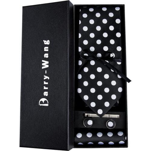 TS-1190 Barry.Wang 2018 Mens Ties Silk Necktie Hanky Cufflinks Sets With Gift Box Ploka Dot Ties For Men Wedding Bueiness Party