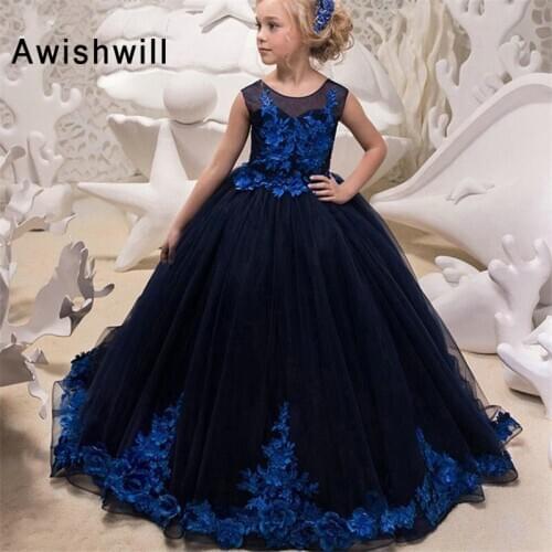 New Arrival Illusion Neck Flower Girl Dress Appliques Tulle Lace-up Back Kids Pageant Gown for Weddings