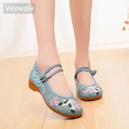 Veowalk Crane Embroidered Women Casual Canvas Mary Jane Flats Low Cut Ladies Comfortable Teachers Shoes Female Cotton Ballerinas