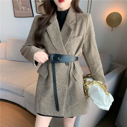 High Quality Autumn Winter New Retro Plaid Waist Mid-length Fashion Suit Jacket Long Sleeve Loose Suit Coats Womens Clothing