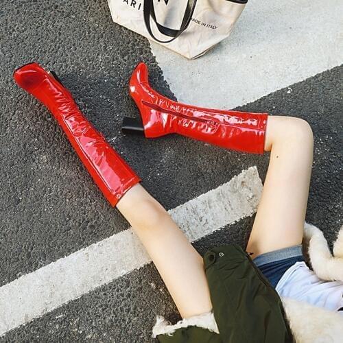 Yellow womens boots green patent leather high boots orange boots thick heel patent leather high boots large 44 45 46 47