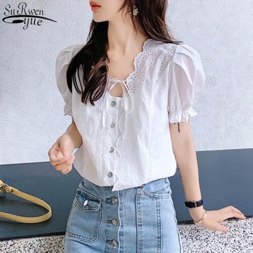 Fashion Hollow Out Square Collar Summer Women Blouse 2021 Sweet Backless Top Lace-up Casual Puff Short Sleeve White Blusas 10046