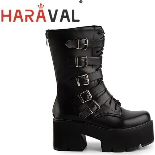 HARAVAL Women Goth Platform Mid-Calf Boots Thick Bootom Zipper Fashion Y2k Black Motorcycle Biker PU Lady Shoes Cheap E133L