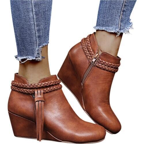 Retro Women Platform Boots Tassel Wedges Boots Women Zipper Solid Color Short Booties Round Toe Shoes for Women Zapatos De Mujer