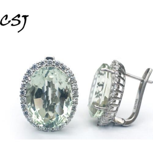 CSJ Big Stone 19.5ct Real Natural Green Amethyst Earring Sterling 925 Silver Oval 12*16mm Fine Jewelry For Women Lady Party Gift
