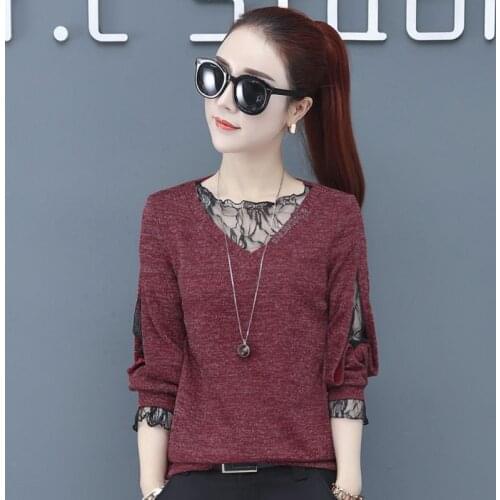 WomenS Spring Autumn Style Blouses Shirt WomenS Elegant O-Neck Long Sleeve Solid Color Lace Patchwork Tops SP751