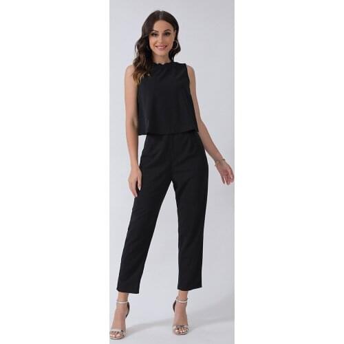 Chic 2 Piece Women Set Black Sleeveless Sexy Backless Cross-Button Top Straight Pants Suit Two Piece Matching Ladies Outfits