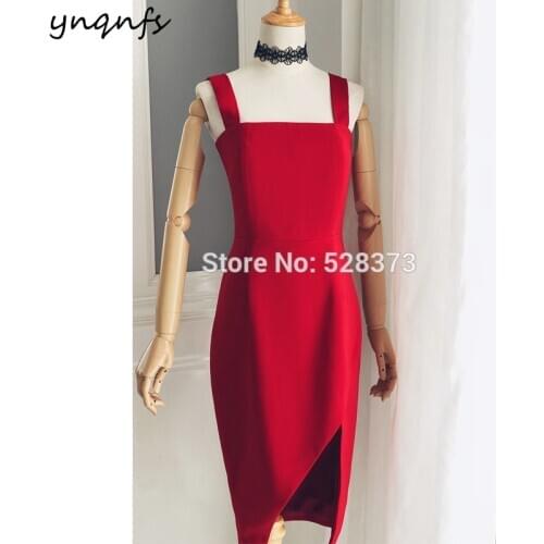 YNQNFS M155 Elegant High Slit Satin Knee Length Red Bridesmaid Dresses Party Gown Wedding Guest Robe Soiree 2019