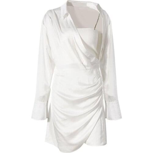 Womens White Pleated Rhinestone Dress Asymmetric Two-Piece White Long-Sleeved Irregular Chain Temperament Dress 2021 New