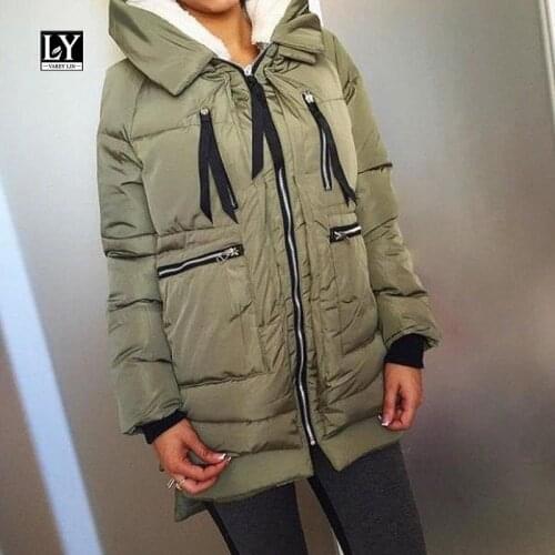 LY VAREY LIN 2020 New Winter Women Plus Size Hooded Cotton Coat Loose Long Sleeve Pockets Ribbons Zippers Solid Padded Outerwear