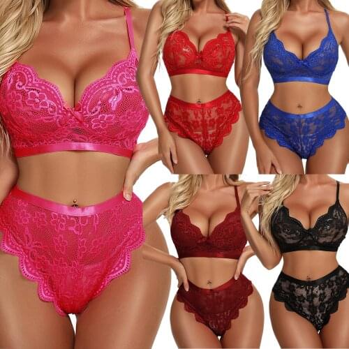 Women Sexy Lingerie Bra + High Waist Briefs Lace Decoration Bow Sexy Deep V-neck Summer Clothing Pajamas Set