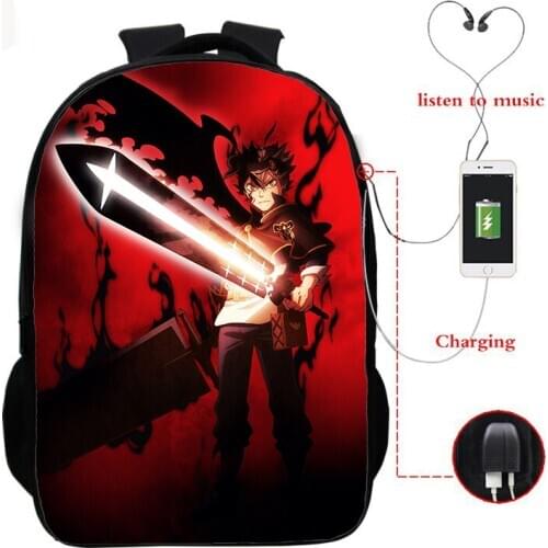 16 Inch Anime Backpacks Black Clover Boys Girls School Bags for Teenager Backpack Unisex Travel Bookbag Mochila USB Charging