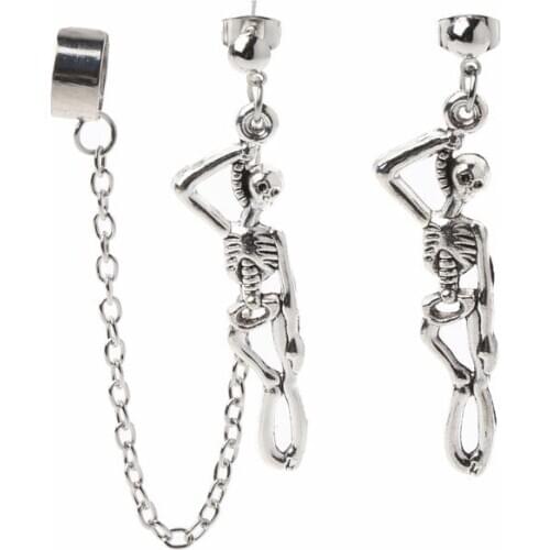 Asymmetric Skull Bone Dangle Ear Cuff Chain Earrings Clip-on Fashion Jewelry dropship