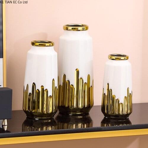European-style White Ceramic Flower Luxury Gold-plated Flower Arrangement Room Table Decoration Flower Vase Home Decoration Gift