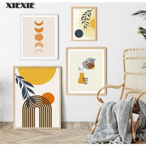 Boho Sun Moon Phases Abstract Botanical Mid Century Modern Canvas Painting Wall Poster Print Picture Living Room Home Decoration