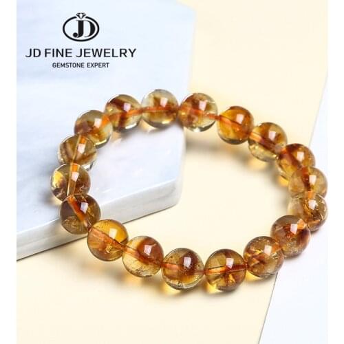 JD Genuine Natural Golden Quartz Round Beads Bracelet Women Men Crystal Gemstone Wealthy 6mm 8mm 10mm 12mm High Quality Gift