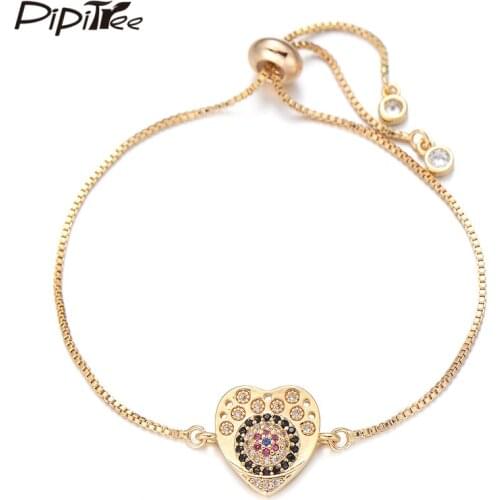 Pipitree Slider Chain Heart Charm Bracelet Black & White Cubic Zirconia Evil Eye Bracelets for Women Men Lovers Fashion Jewelry