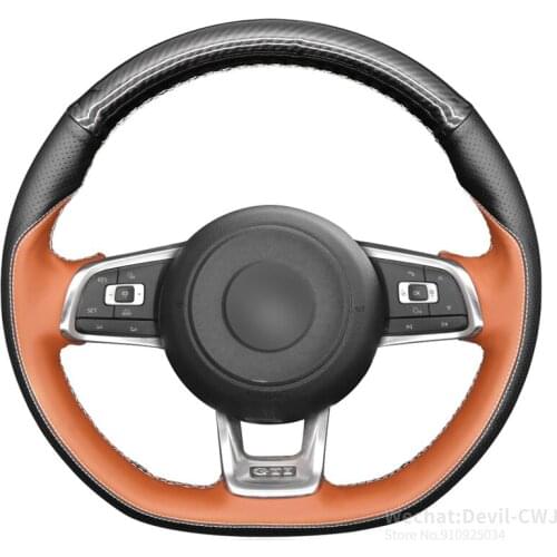 Black Genuine Leather Hand Sew Steering Wheel Cover for Volkswagen VW Golf 7 GTI T-Roc Passat Variant (R-Line) Tiguan