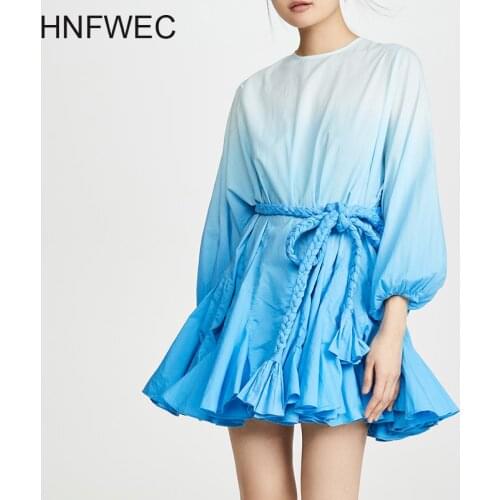 Patchwork Hit Color Dress Female O Neck Lantern Sleeve High Waist Lace Up Bowknot Mini Dresses Women Clothes 2020 New P275