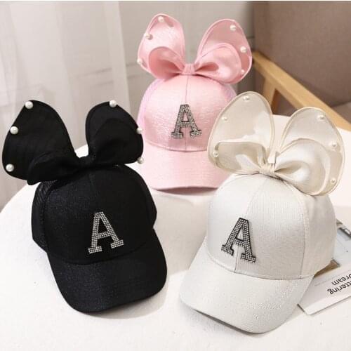Summer kids sequins cartoon Baseball Cap Girls Pearl Snapback Big Bow Sun Protection Caps Mesh Letter Kids Baby Trucker Sun Hat