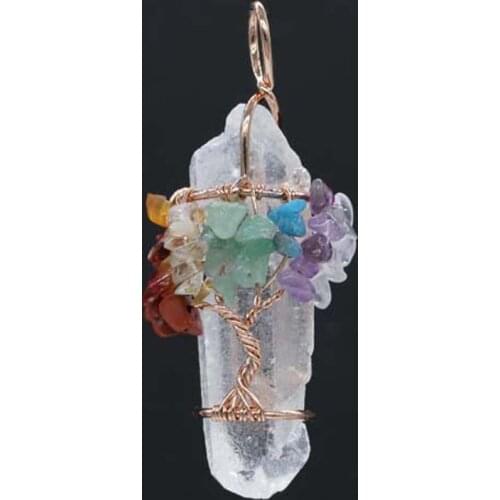 KFT Natural Titanium Coated Crystal Quartz Stone Pendant Wire Wrapped Tree Of Life 7 Chakra Points Irregular Shape Stone Jewelry