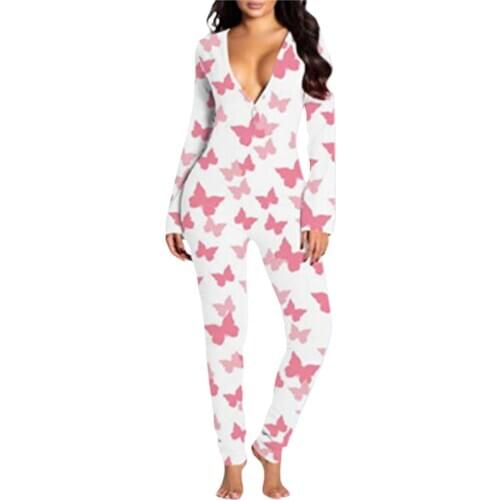 Womens V Neck Jumpsuit Onesie Pyjamas Button Open Crotch Sleepwea Womens V-neck Jumpsuit Long Sleeve Pajamas Functional