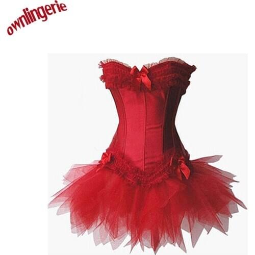 Free shipping Sexy Burlesque Overbust Corset with Mini TuTu Skirt Fancy Dresses Costume