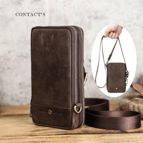 New Mens Leather Shoulder Bags Wallet Card Holder Messenger Bags Crazy Horse Cowhide Mens Mobile Phone Bag Waist Bag