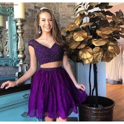 Fashion Lace Purple Short Prom Dress A Line Beadings Top Juniors Sweet 15 Graduation Cocktail Party Dress Plus Size Custom