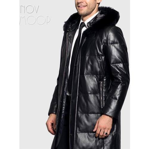 Men winter warm black genuine leather top grade lambskin fox fur hooded duck down jacket coat deri ceket jaqueta de couro LT2442