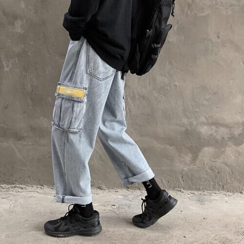 2020 Mens Cowboy Wide Leg Pants Hip Hop Baggy Homme Casual Pants Cargo Pocket Wash Jeans Biker Denim Blue Color Trousers M-3XL