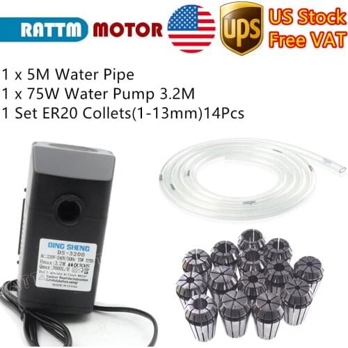 14Pcs ER20 1-13mm Beating 0.1mm Precision Spring Collets + 75W Water Pump 3.2M + 5M Water Pipe for CNC Engraving Machine