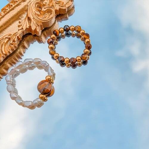 Natural Tiger Eye Stone Freshwater Pearl Rings Set with Stainless Steel Beads Bohemian Fashion Jewelry Gift Ring Adjustable
