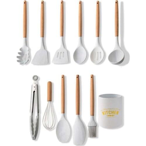 11pcs Marble Silicone Kitchen Utensils Set with Wooden Handle Spatula Spoon Egg Beater Holder Cooking Tools