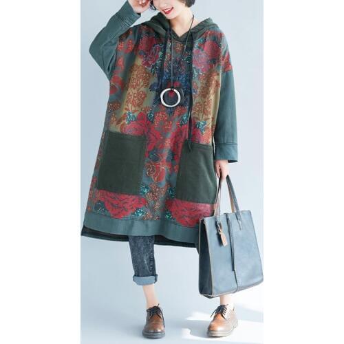 New Spring Autumn Women Hoodies Plus Size Casual Loose Print Retro Indie Folk Mid Hooded Dress For Women Hoodies Sweatshirts