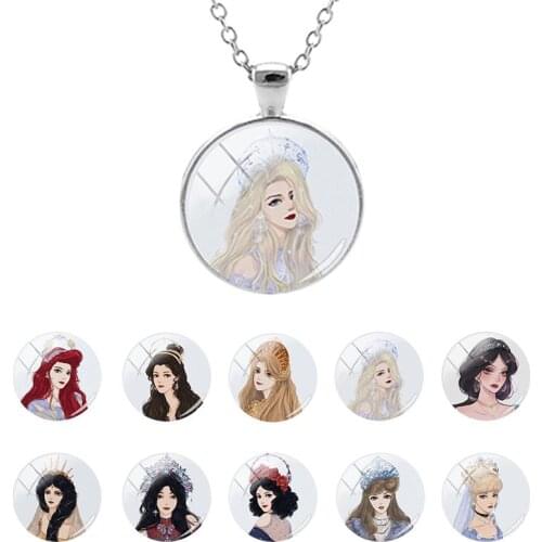 Disney Princes Pattern Flat Bottom Glass Dome Pendant Necklace Long Chain Necklace for Girls Party Cabochon Jewelry Gifts DSY595