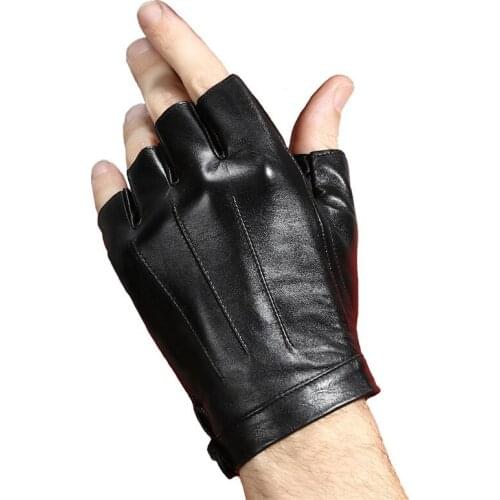 Half Finger Gloves Men Summer Riding Driving Fitness Fingerless Genuine Leather Goatskin Black Sports Hand Gloves Handschoenen