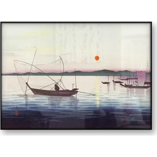 Boats Setting Sun Ohara Koson Japanese Art Poster Antique Woodblock Canvas Print Fishing Boats Painting Wall Art Home Decoration