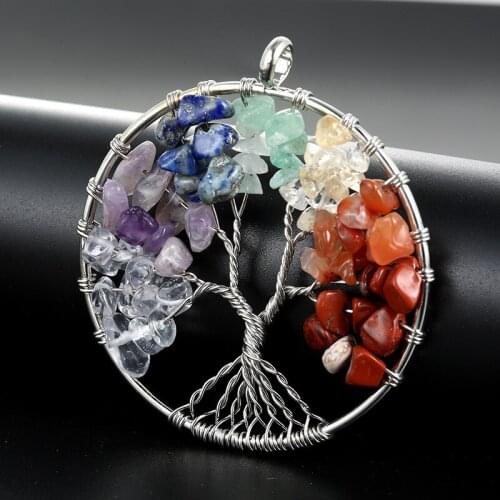 50cm Wire Wrapped Chakra Reiki Healing Crystal Beads Tree of Life Pendant Wholesale Charms Vintage Jewelry women men