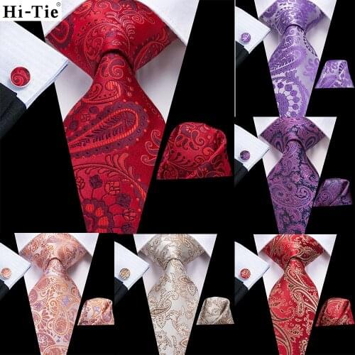 Hi-Tie Mens Tie Red Blue Purple Paisley Silk Wedding Tie For Men Hanky Cufflink Gift Tie Set Business Party Fashion Dropshipping