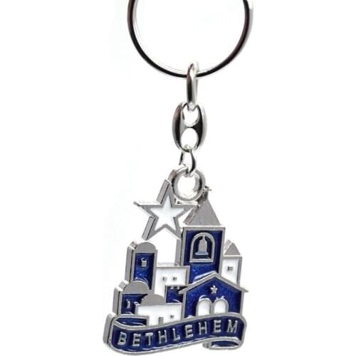 QIGO Alloy Enamel Blue Church Key Chain Religious Jewelry For Men Women Gifts