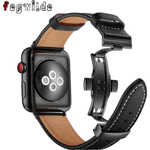Butterfly buckle strap For Apple watch band Leather 44mm 42mm 40mm 38mm iWatch series 6 SE 5 4 3 bracelet belt watchband