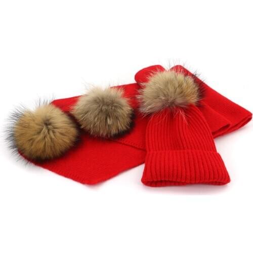 2020 Winter Baby Girl Scarf Wool Warm Boy Hats Knitted Flexible Kids Set Cute Raccoon Fur Children Scarfs Windproof Kids Clothes