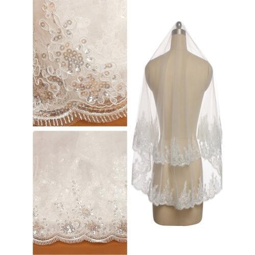 2 Tier Sequin Beaded Edge Wedding Veil with Lace Applique Elbow Length H80 (2T/160CM, Ivory)