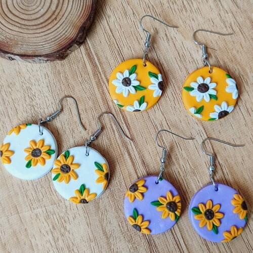 Polymer Clay Sunflower Embellished Round Dangle Earrings for Women Summer Flower Earrings Jewelry Wholesale