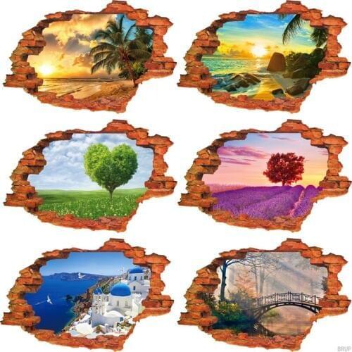 7 Kinds 89*59cm Nature landscape 3D Wall Stickers Hole View Art Landscape Wallpapers Beach Castle Tree Vinyl Mural Home Decor