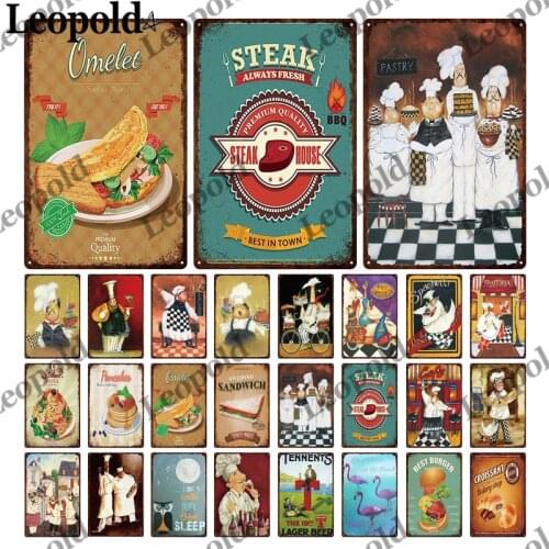 Vintage Metal Plaque Burger Pizza Food Wall Sticker Cartoon Chef Tin Label Metal Poster Wall Art Restaurant Home Decoration