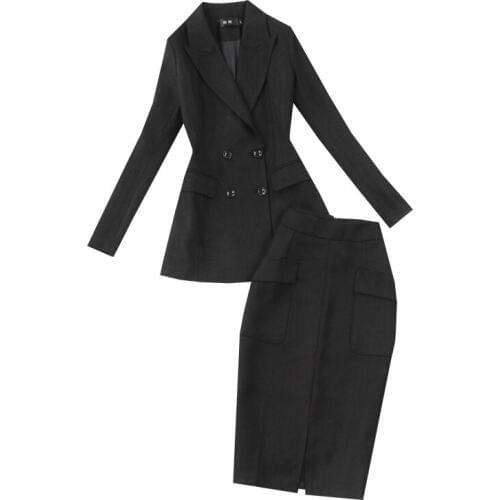 Fashion skirt suit women Autumn /spring New large size Double-breasted black Blazers coat + Package hip skirt suit women