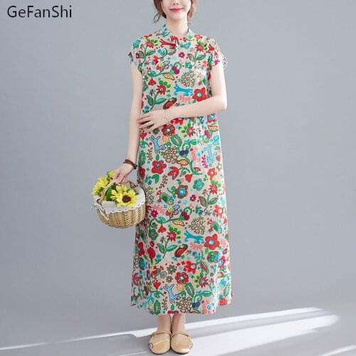 2021 New Summer Cheongsam Collar Dress Women Floral Boho Long Cotton Linen Dress Loose Casual Elegant Lady Vintage Dresses Robe