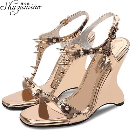 Shuzumiao Womens Sandals 2020 Original Rivet Anti-wolf Fashion Wedges Female High Heels 10cm Open Toe Soft Sole Sandals Women